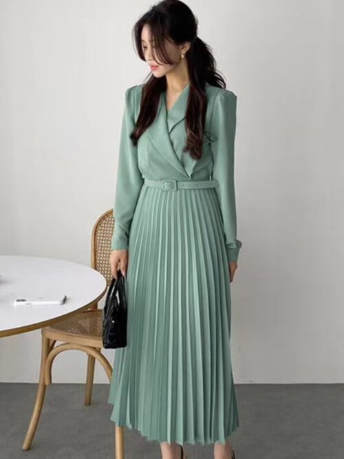 Spring / Autumn Shawl Collar Long Sleeves Pleated Midi Dress with Belt - Image 4