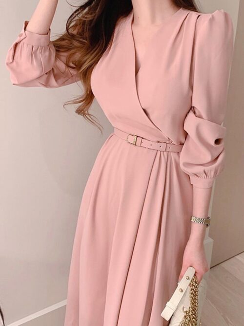 Spring / Autumn Korean Crisscross V-Neck Long Sleeves Midi Dress with Belt - Image 2