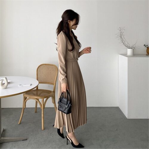 Spring / Autumn Shawl Collar Long Sleeves Pleated Midi Dress with Belt - Image 2