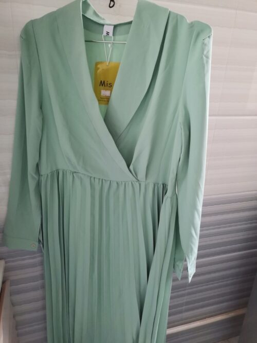 Spring / Autumn Shawl Collar Long Sleeves Pleated Midi Dress with Belt - Image 5