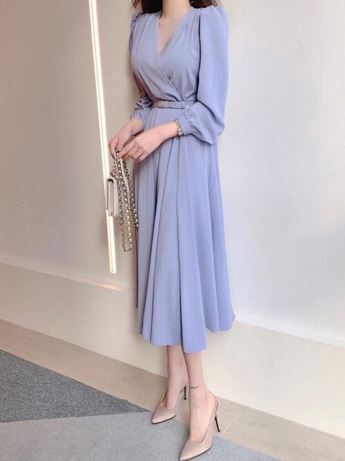 Spring / Autumn Korean Crisscross V-Neck Long Sleeves Midi Dress with Belt - Image 5