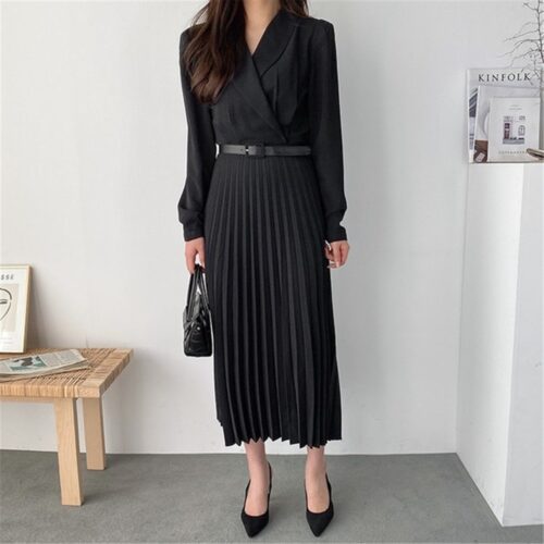 Spring / Autumn Shawl Collar Long Sleeves Pleated Midi Dress with Belt - Image 3