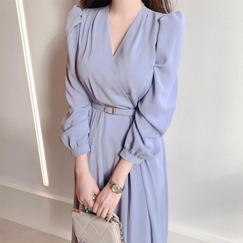 Spring / Autumn Korean Crisscross V-Neck Long Sleeves Midi Dress with Belt - Image 3