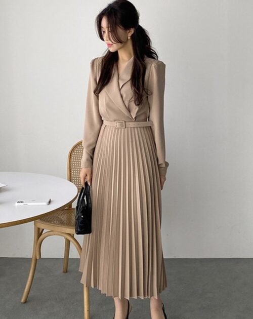 Shawl Collar Long Sleeves Pleated Midi Dress with Belt