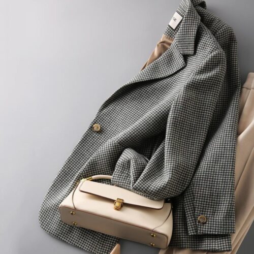 Spring / Autumn Notched Collar Pockets Single Button Houndstooth Blazer - Image 6