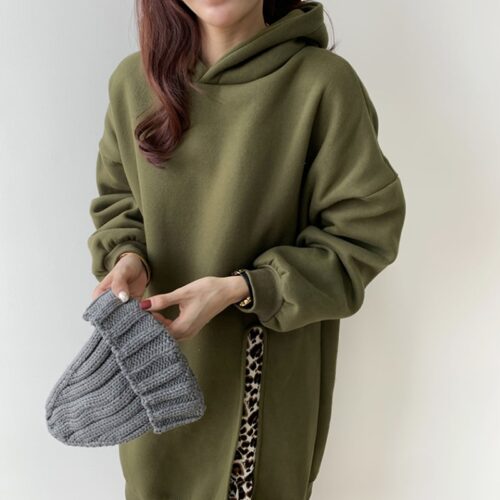 Spring / Autumn O-Neck Long Sleeves Hooded Fake Two-Piece Leopard Print Midi Dress - Image 3