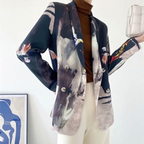 Spring / Autumn Korean Notched Collar Pockets Buttons Tie-dye Blazer - Image 2