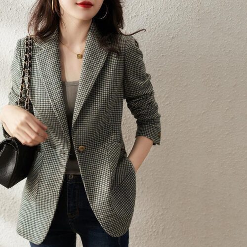 Spring / Autumn Notched Collar Pockets Single Button Houndstooth Blazer - Image 2