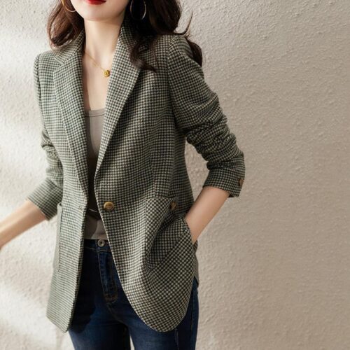 Spring / Autumn Notched Collar Pockets Single Button Houndstooth Blazer - Image 3
