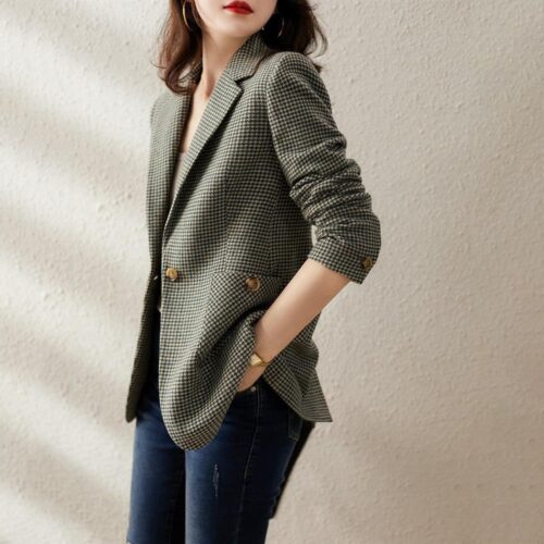 Spring / Autumn Notched Collar Pockets Single Button Houndstooth Blazer - Image 4