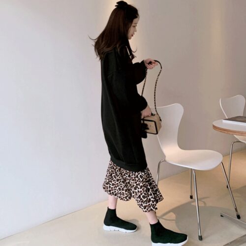 Spring / Autumn O-Neck Long Sleeves Hooded Fake Two-Piece Leopard Print Midi Dress - Image 5