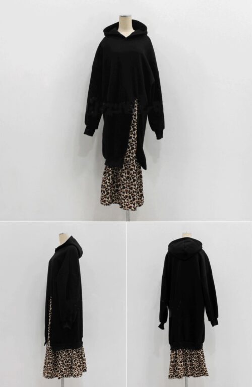 Spring / Autumn O-Neck Long Sleeves Hooded Fake Two-Piece Leopard Print Midi Dress - Image 7