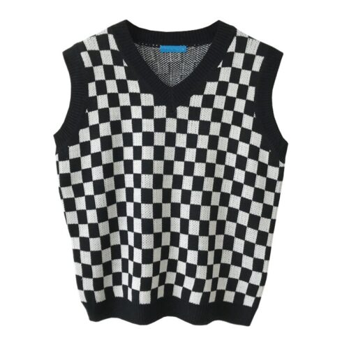 Autumn V-Neck Sleeveless Black And White Plaid Knitted Vest - Image 5
