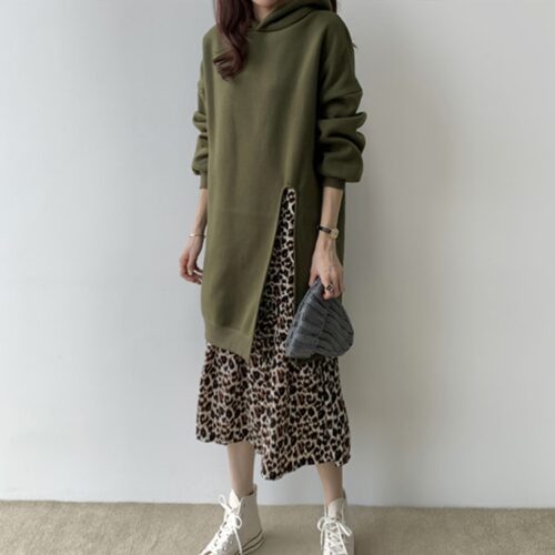 Spring / Autumn O-Neck Long Sleeves Hooded Fake Two-Piece Leopard Print Midi Dress - Image 2