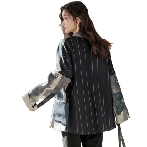 Spring / Autumn Korean Notched Collar Pockets Buttons Tie-dye Blazer - Image 3