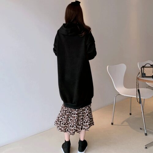 Spring / Autumn O-Neck Long Sleeves Hooded Fake Two-Piece Leopard Print Midi Dress - Image 6
