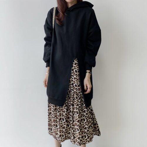 O-Neck Long Sleeve Hooded Fake Two-Piece Leopard Print Midi Dress