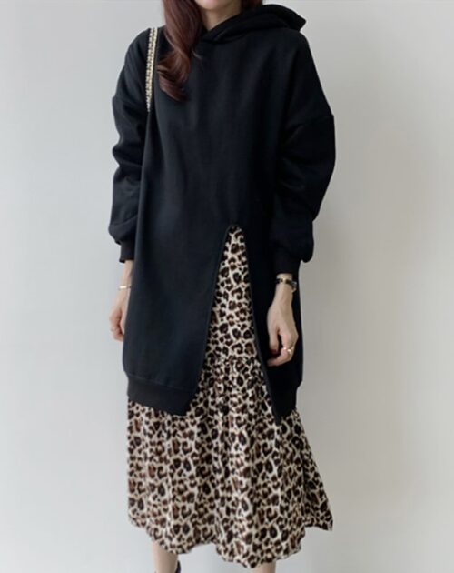 O-Neck Long Sleeve Hooded Fake Two-Piece Leopard Print Midi Dress