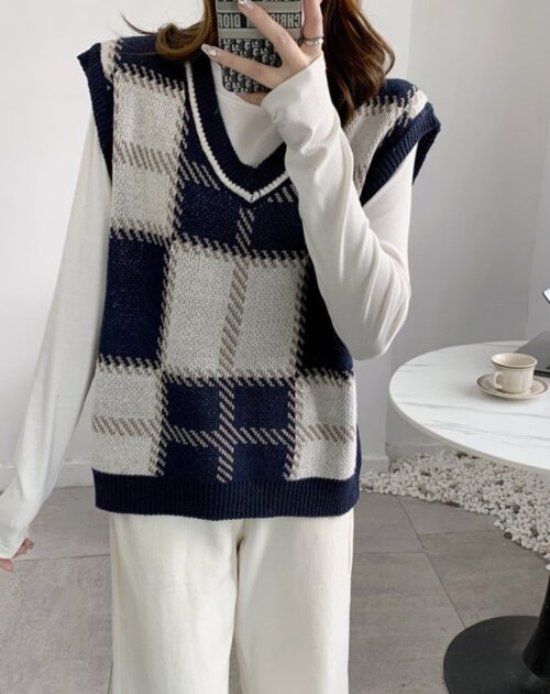 Autumn Korean V-Neck Sleeveless Plaid Knitted Vest