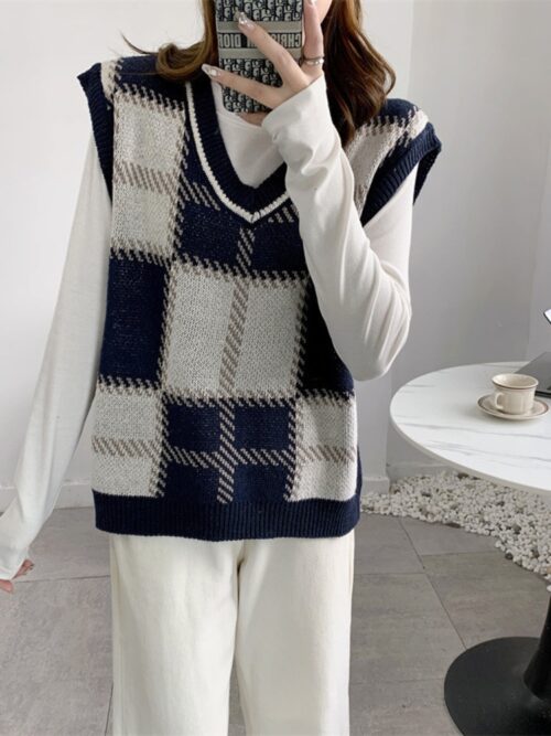 Autumn Korean V-Neck Sleeveless Plaid Knitted Vest