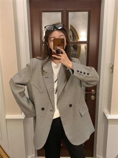 Spring / Autumn Notched Collar Pockets Buttons Houndstooth Blazer - Image 3