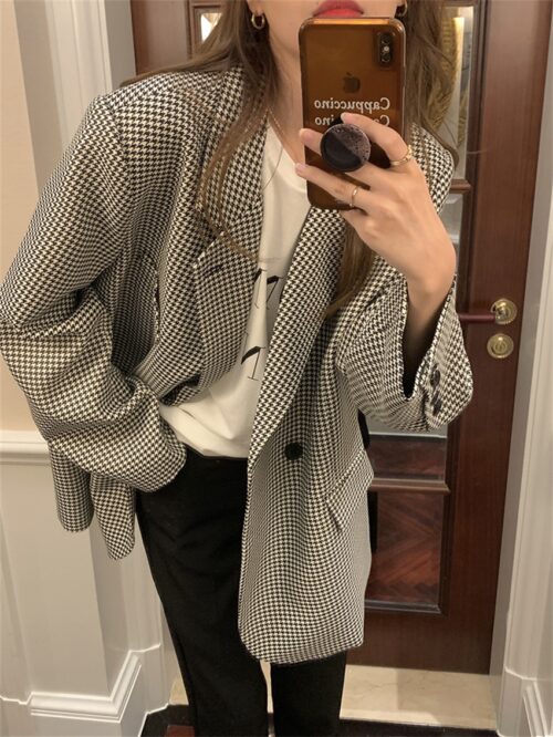 Spring / Autumn Notched Collar Pockets Buttons Houndstooth Blazer - Image 4
