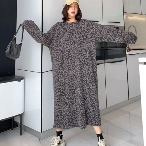 Spring / Autumn Korean O-Neck Long Sleeves Leopard Print Loose Midi Dress - Image 4