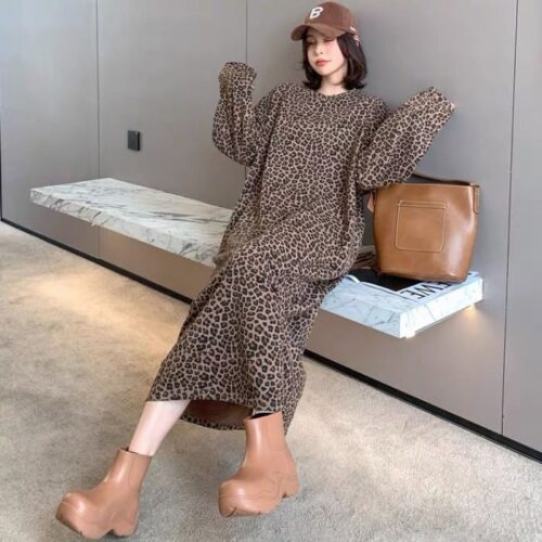 Spring / Autumn Korean O-Neck Long Sleeves Leopard Print Loose Midi Dress - Image 3