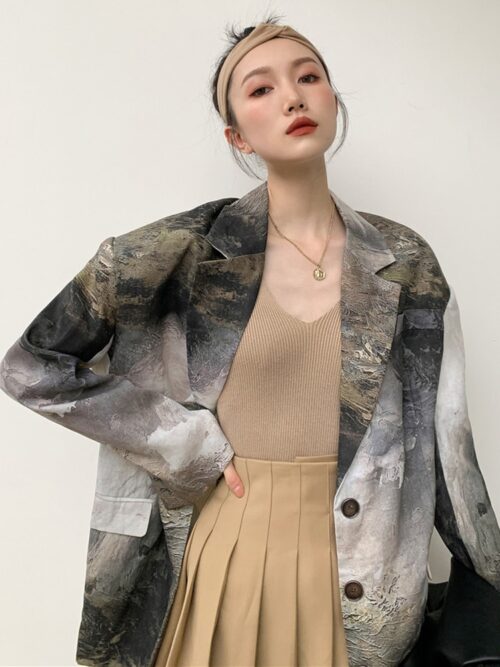 Spring / Autumn Notched Collar Abstract Painting Print Loose Single-Breasted Blazer - Image 4