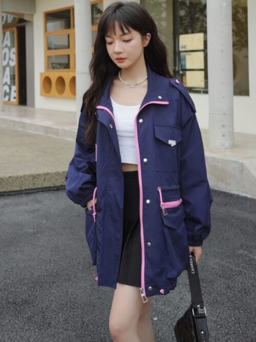 Spring / Autumn Turn-Down Collar Back-Slit Buttons Zipper Hit Color Jacket - Image 2