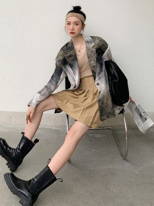 Spring / Autumn Notched Collar Abstract Painting Print Loose Single-Breasted Blazer - Image 3