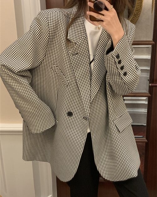 Notched Collar Pockets Buttons Houndstooth Blazer