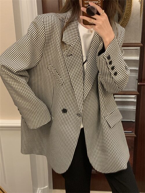 Notched Collar Pockets Buttons Houndstooth Blazer
