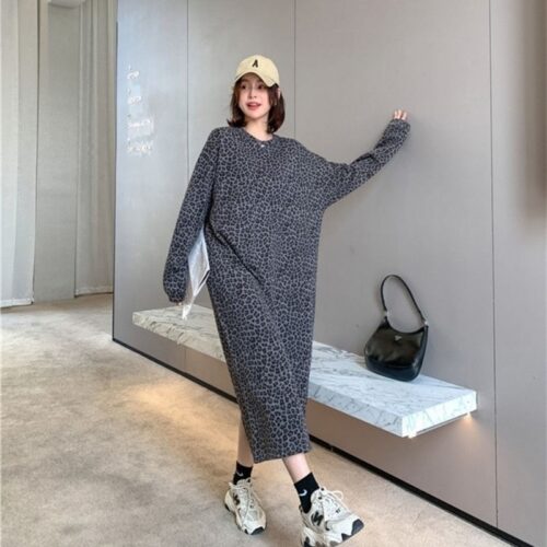 Spring / Autumn Korean O-Neck Long Sleeves Leopard Print Loose Midi Dress - Image 5