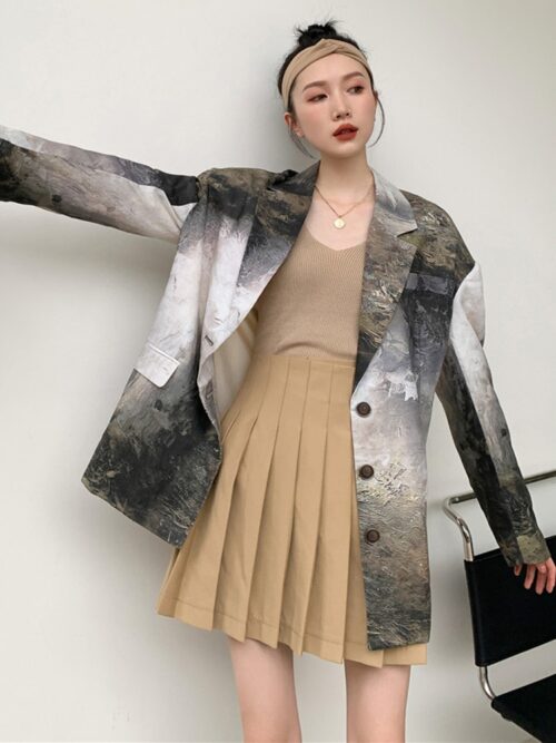 Spring / Autumn Notched Collar Abstract Painting Print Loose Single-Breasted Blazer - Image 2