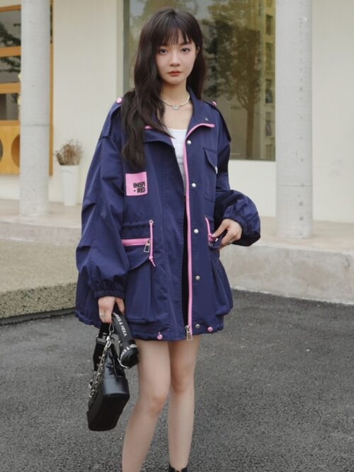 Spring / Autumn Turn-Down Collar Back-Slit Buttons Zipper Hit Color Jacket - Image 4