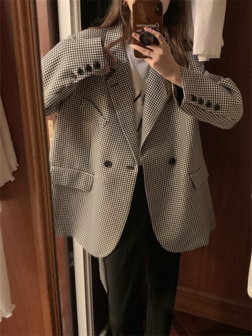 Spring / Autumn Notched Collar Pockets Buttons Houndstooth Blazer - Image 5
