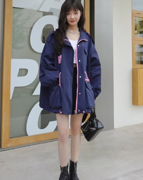 Turn-Down Collar Back-Slit Buttons Zipper Hit Color Jacket