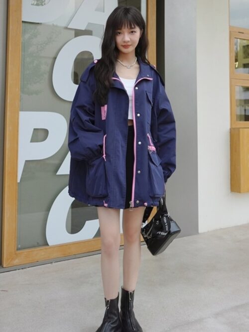 Turn-Down Collar Back-Slit Buttons Zipper Hit Color Jacket