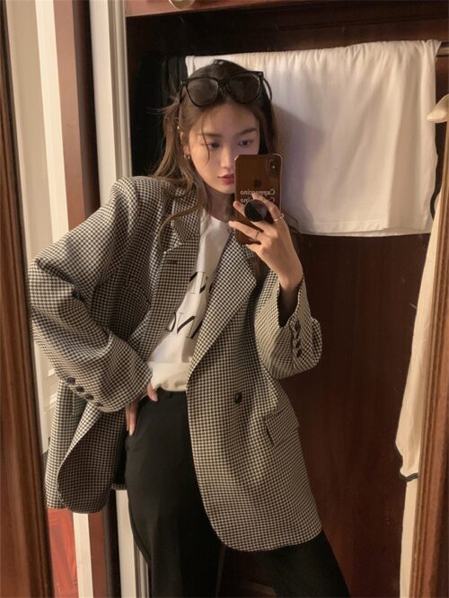 Spring / Autumn Notched Collar Pockets Buttons Houndstooth Blazer - Image 2