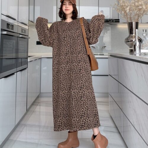 O-Neck Long Sleeves Leopard Print Loose Midi Dress