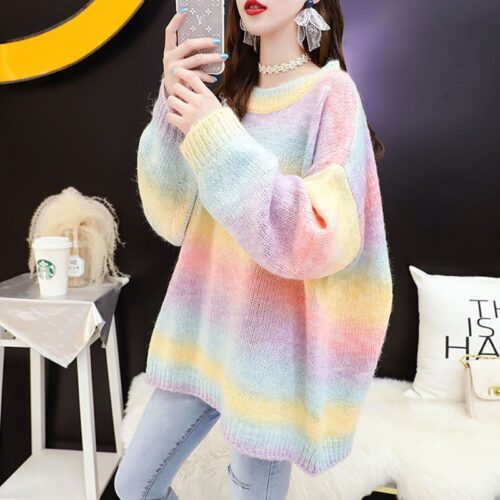 Winter O-Neck Long Sleeves Rainbow Oversized Loose Sweater - Image 2