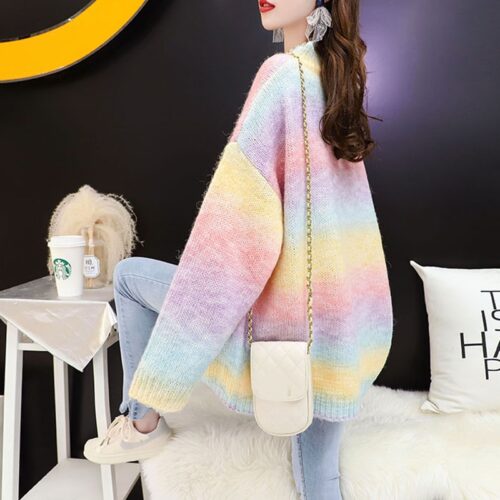 Winter O-Neck Long Sleeves Rainbow Oversized Loose Sweater - Image 4