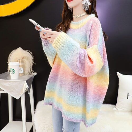 O-Neck Long Sleeves Rainbow Oversized Loose Sweater