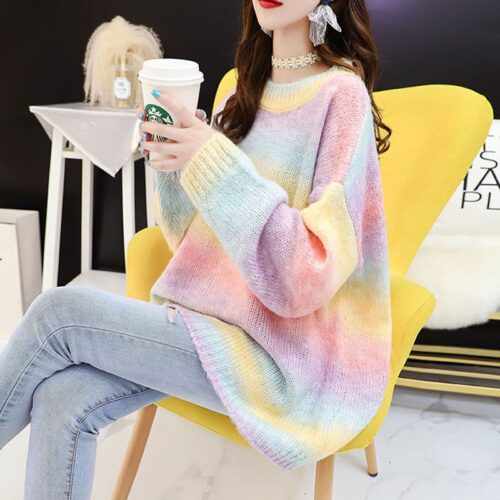 Winter O-Neck Long Sleeves Rainbow Oversized Loose Sweater - Image 3