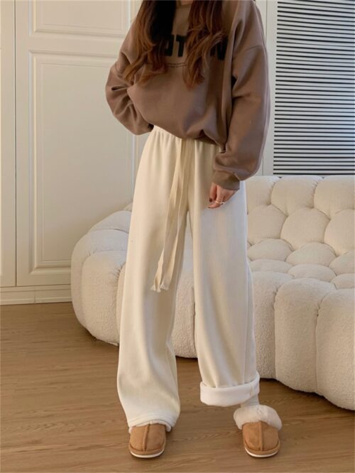 Winter High Waist Plush Drawstrings Thick Straight Solid Pants - Image 5