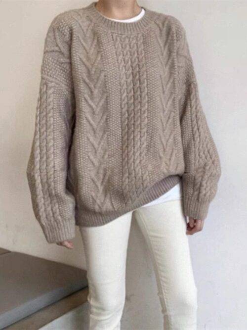 Winter O-Neck Long Sleeves Twist Oversized Solid Sweater - Image 3