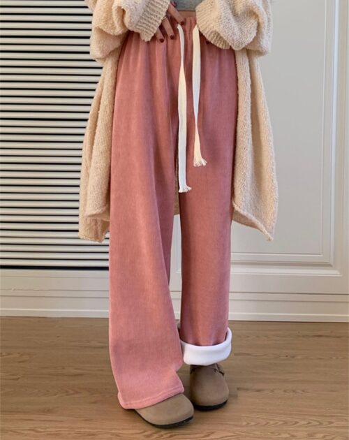 Plush Drawstrings Thick Straight Solid Pants