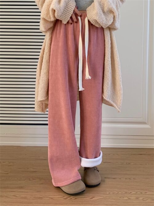 Plush Drawstrings Thick Straight Solid Pants