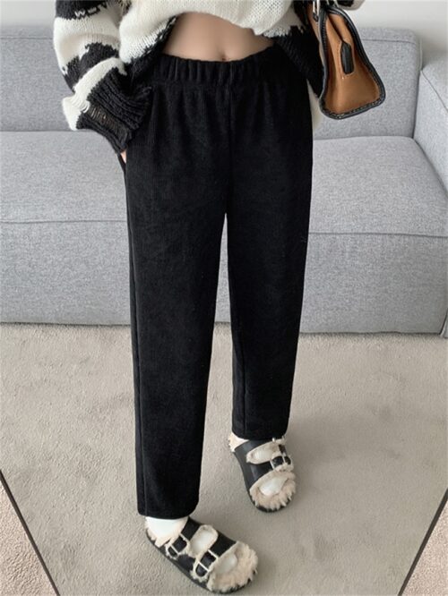 Winter High Waist Plush Thick Straight Solid Pants - Image 2